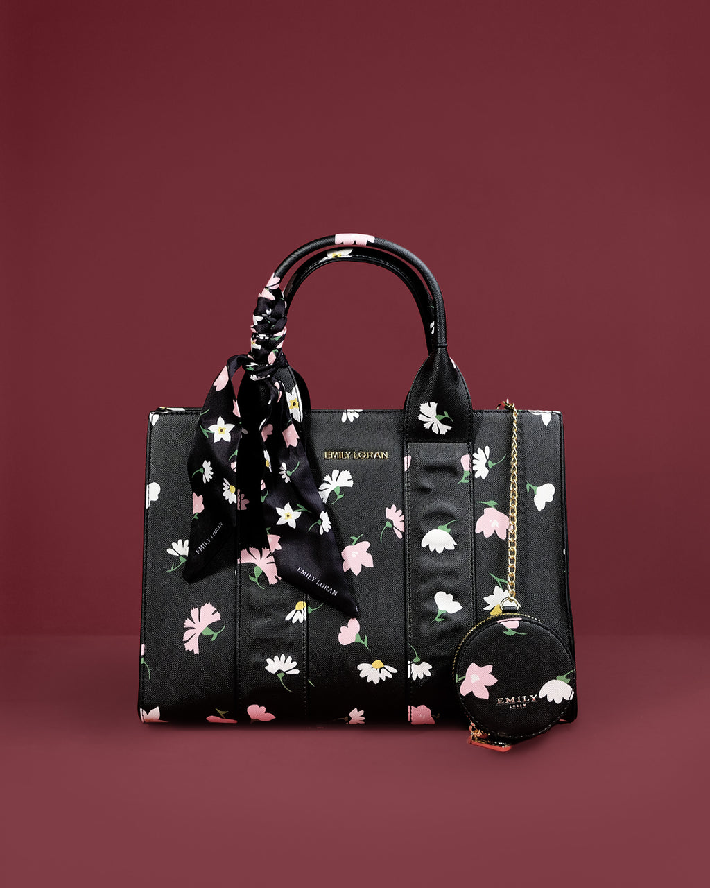 Daisy-print shopper tote with matching scarf, round coin purse, and gold-tone lettering — Emily Loran PH