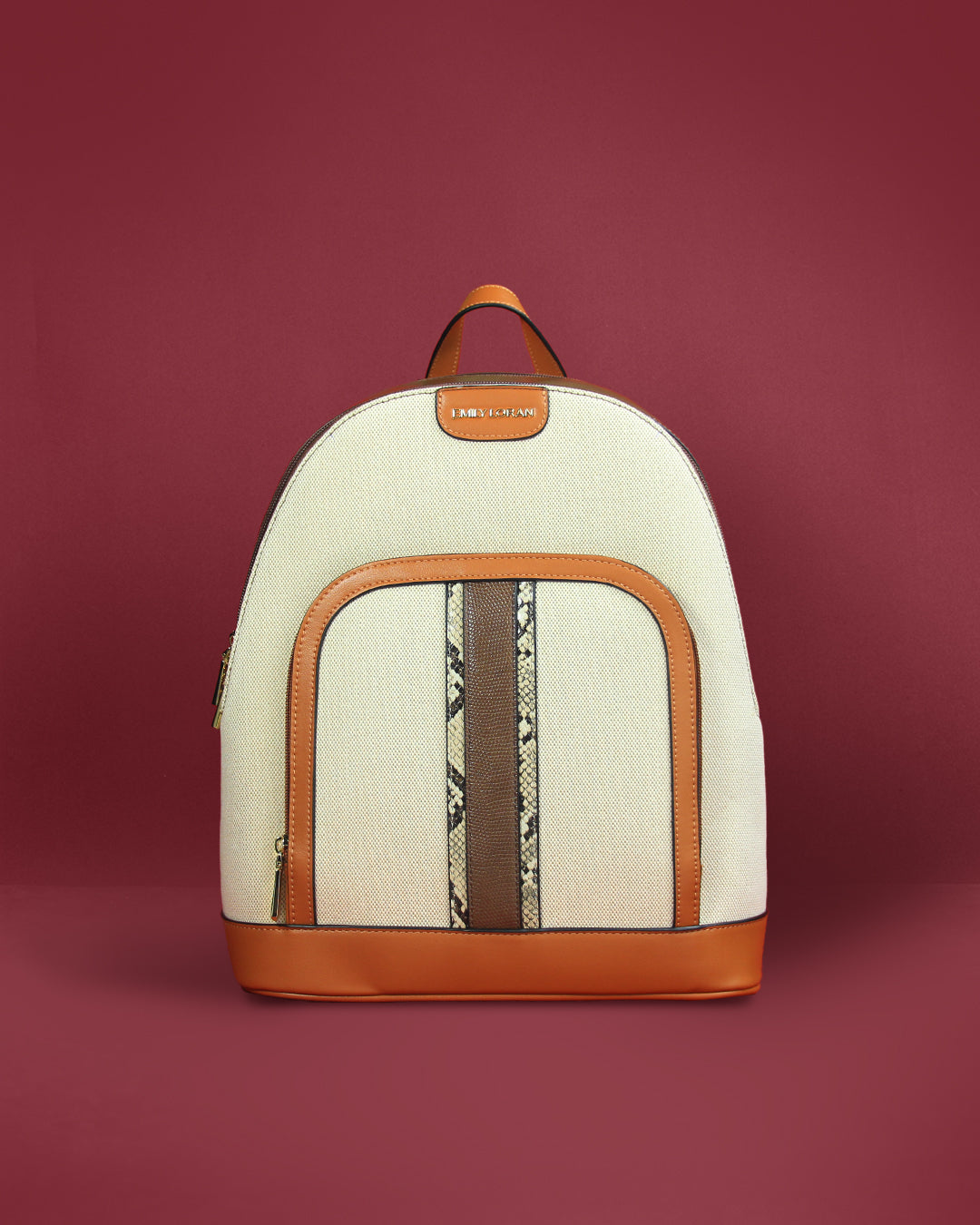 Rounded woven-texture backpack with snake-print front pocket and adjustable straps — Emily Loran PH
