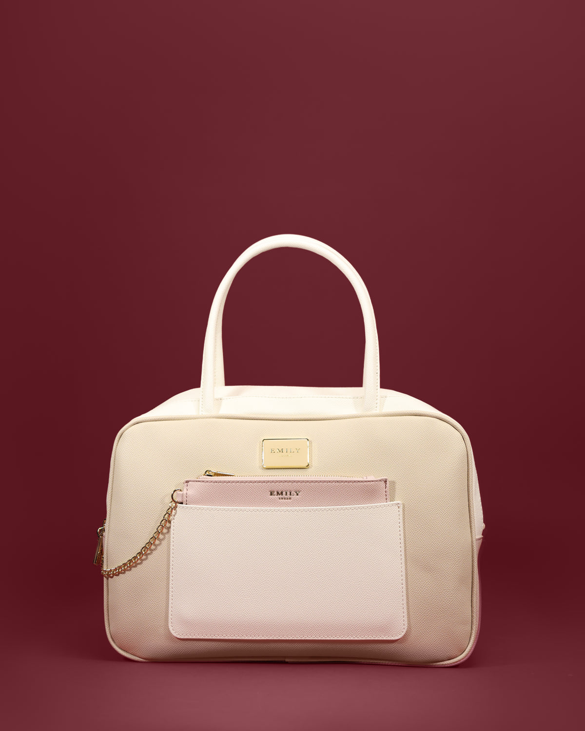 Rounded Boston barrel bag with slip pocket and chained card pouch — Emily Loran PH