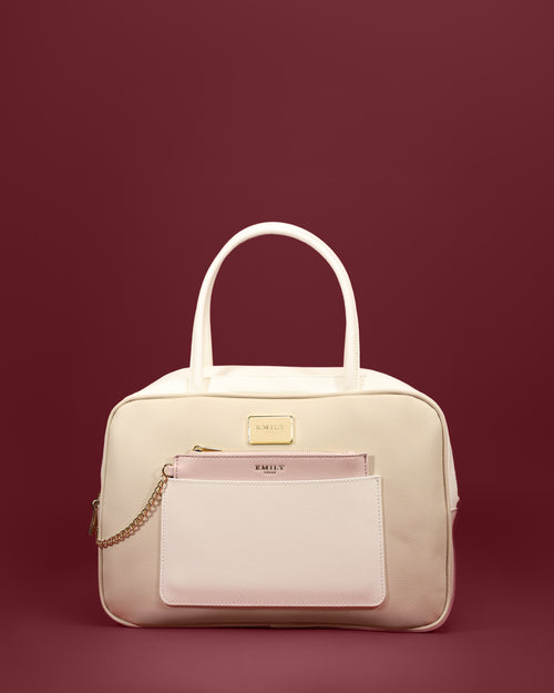 Rounded Boston barrel bag with slip pocket and chained card pouch — Emily Loran PH