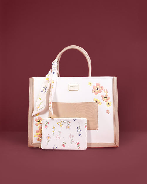 Structured square tote with botanical handle scarf and matching front pouch — Emily Loran PH