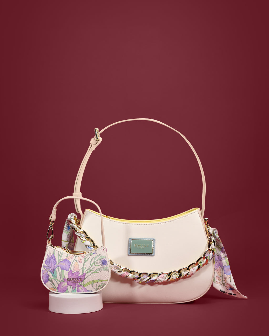 Crescent hobo with scarf-woven gold-tone chain strap and mini pouch — Emily Loran PH