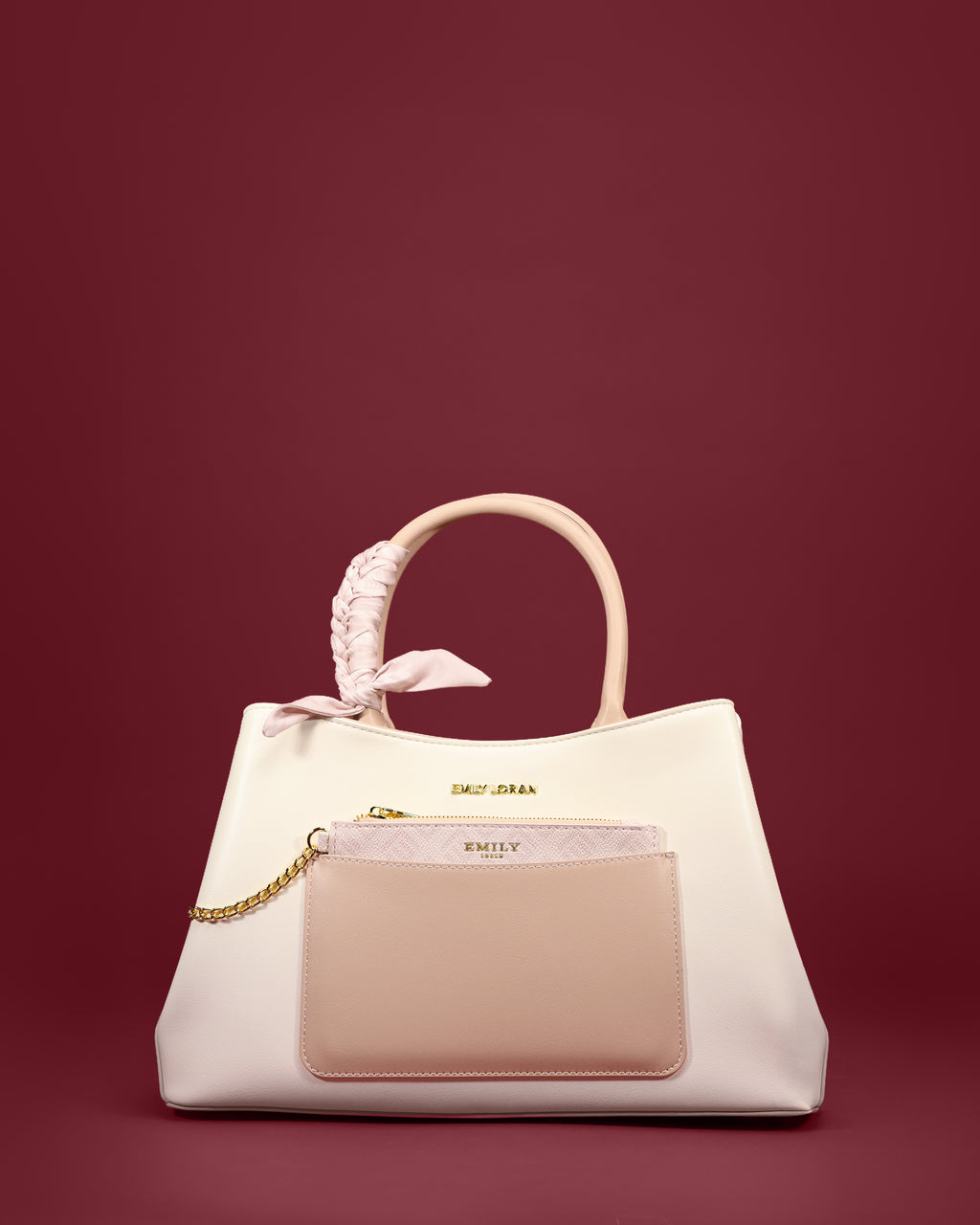 Open-top tote with braided scarf-wrapped handle and hanging front pouch — Emily Loran PH