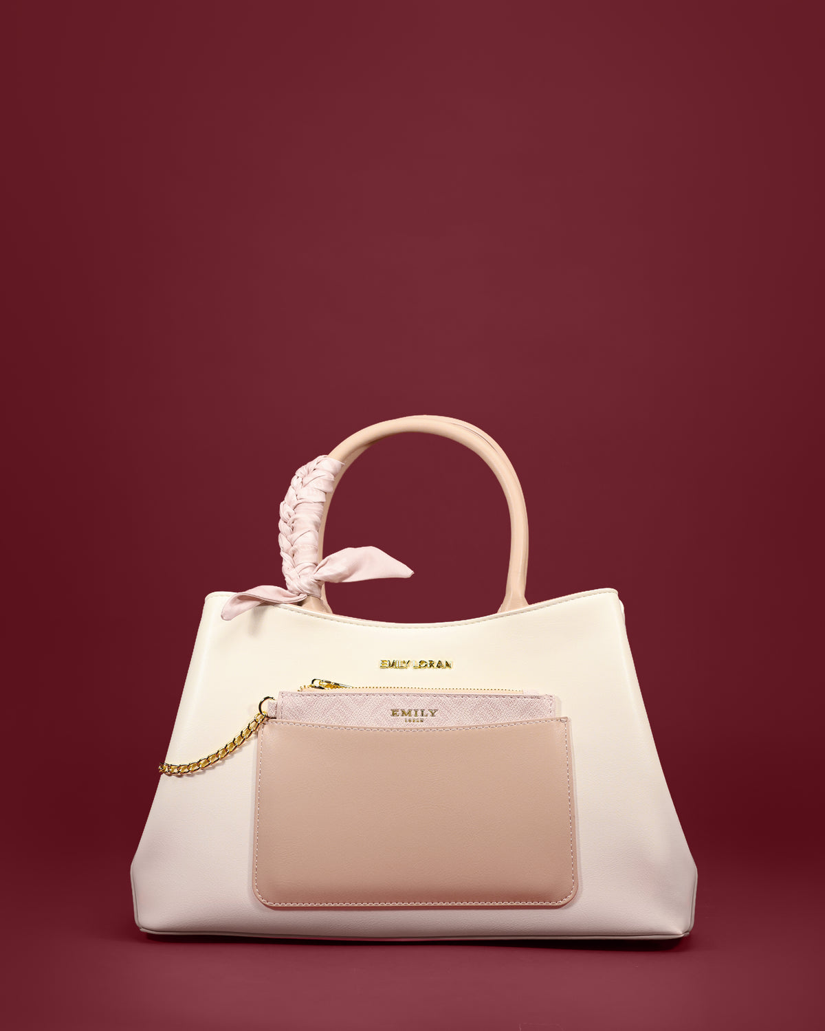 Open-top tote with braided scarf-wrapped handle and hanging front pouch — Emily Loran PH