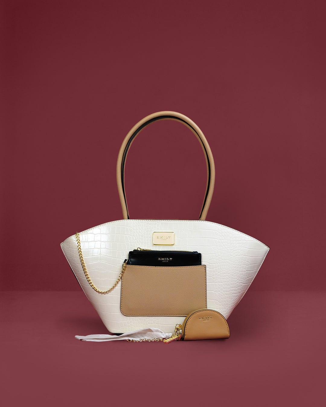 Croc-embossed fan tote with tall ring handles, front pouch, and half-moon coin purse — Emily Loran PH