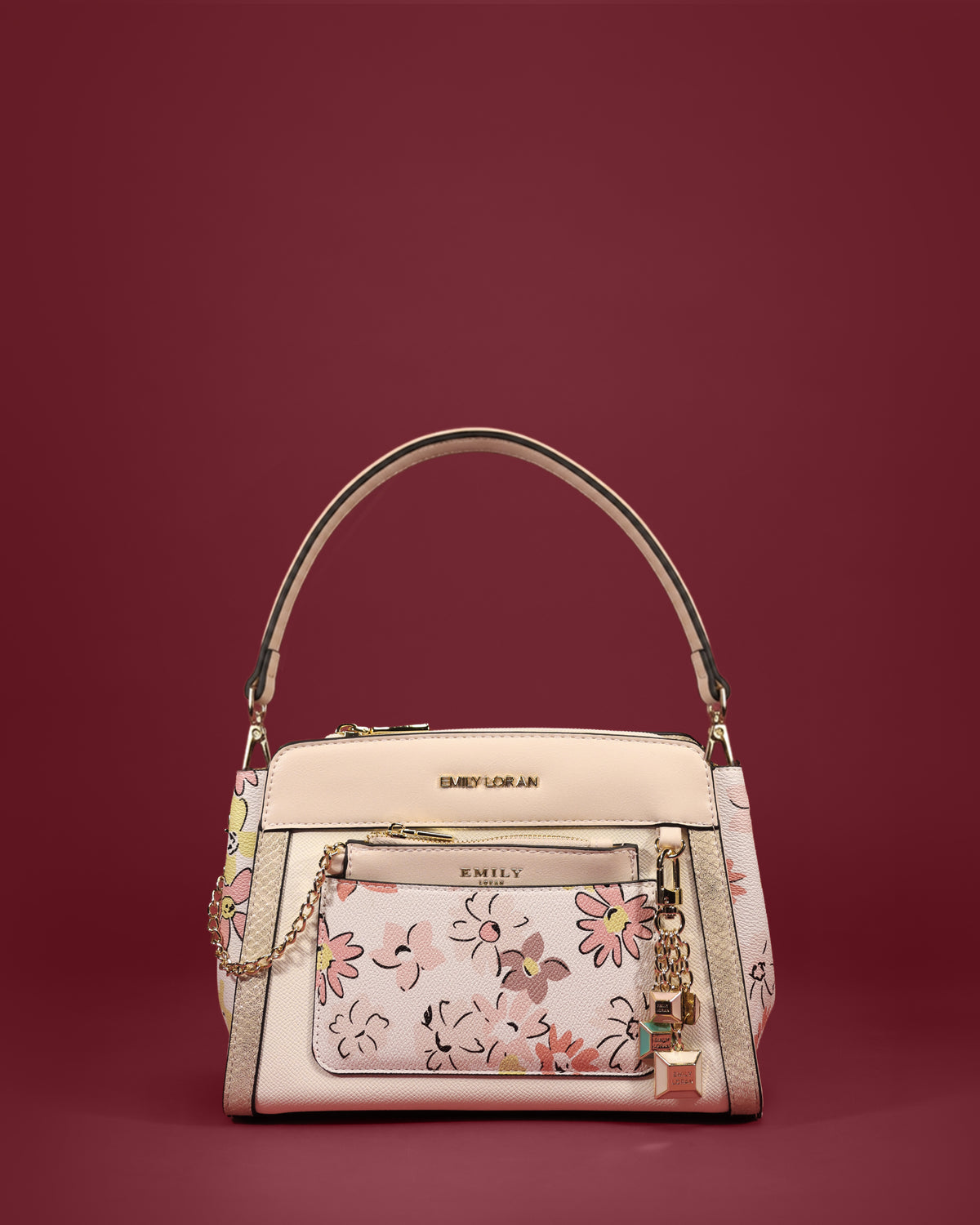 Flap shoulder bag with daisy-print pouch and decorative cube charms — Emily Loran PH