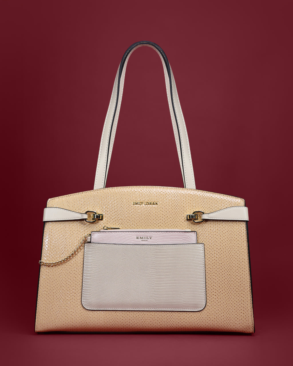 Snake-embossed belted tote with gold-tone buckles and lizard-emboss front pouch — Emily Loran PH