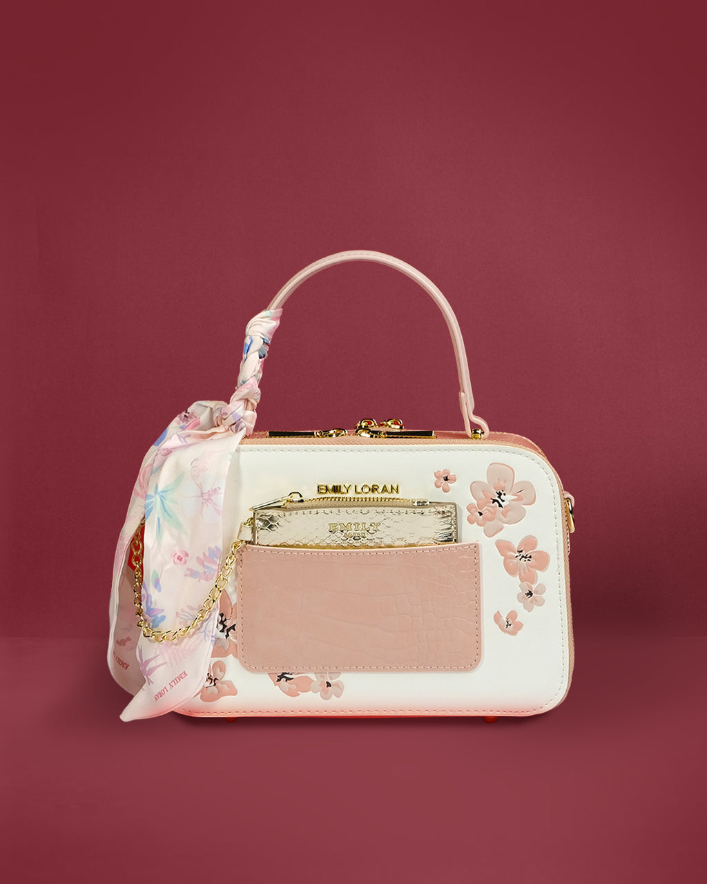 Doctor-style frame bag with blossom print, gold clasp, and hanging pouches — Emily Loran PH