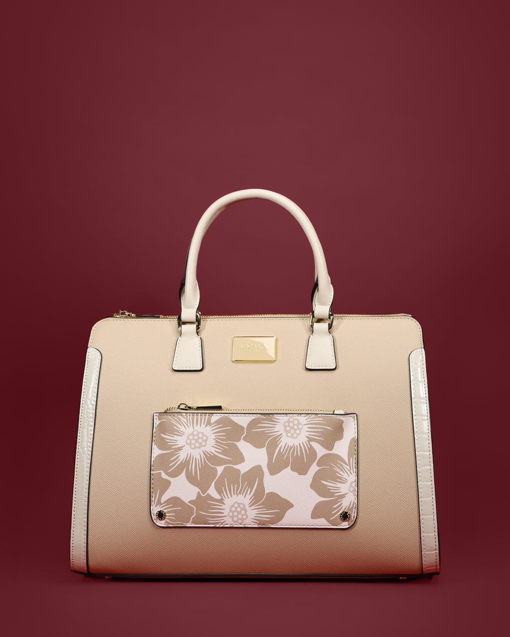 Structured satchel with croc-embossed side trim, rolled handles, and front zip pocket — Emily Loran PH