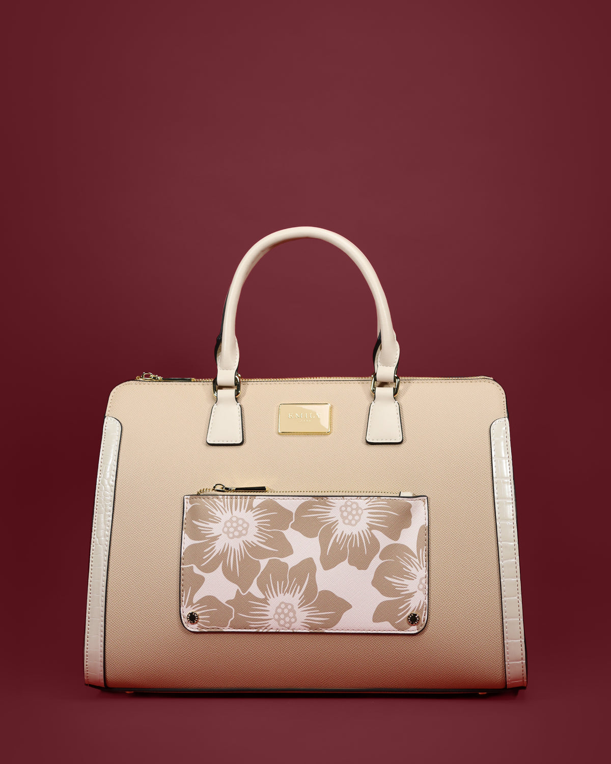 Structured satchel with croc-embossed side trim, rolled handles, and front zip pocket — Emily Loran PH