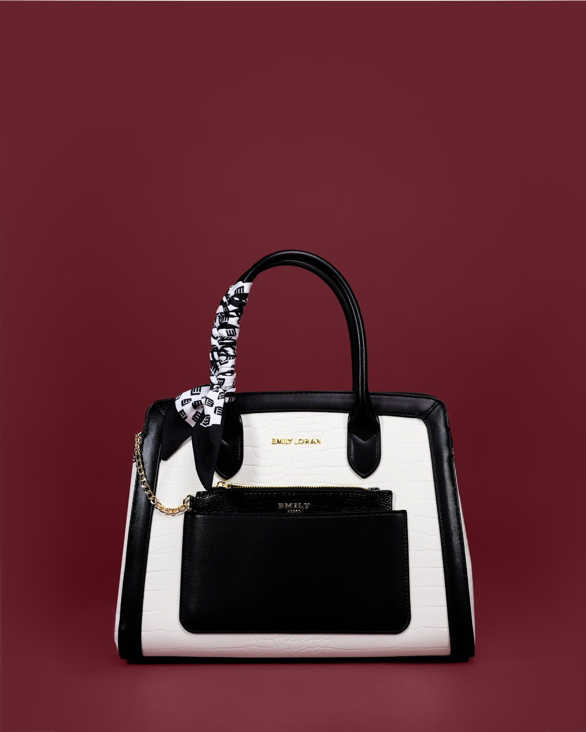 Croc-embossed structured tote with contrast edge trim and logo-print scarf — Emily Loran PH