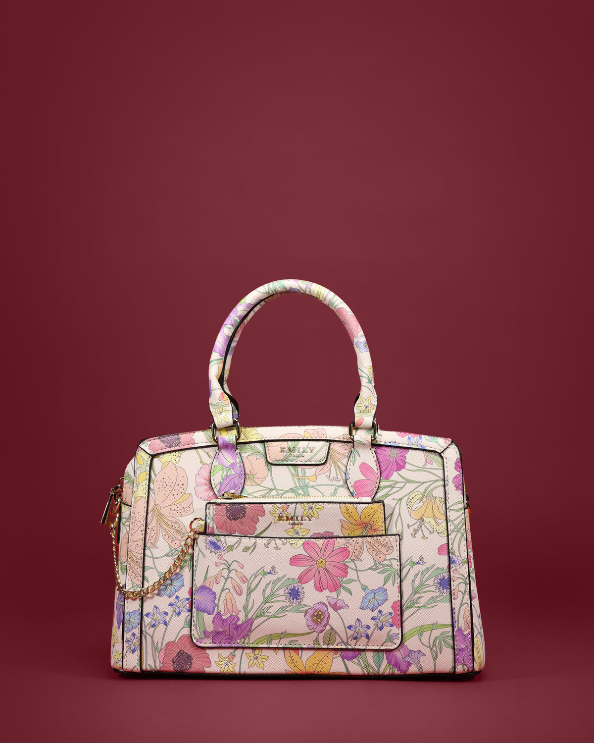 Structured satchel with rolled handle, front pouch, and gold chain accent — Emily Loran PH