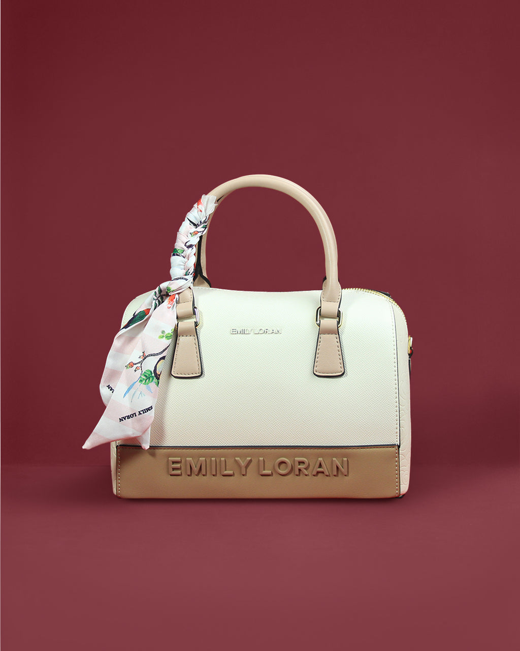 Barrel boston bag with embossed base band and bird-print handle scarf — Emily Loran PH