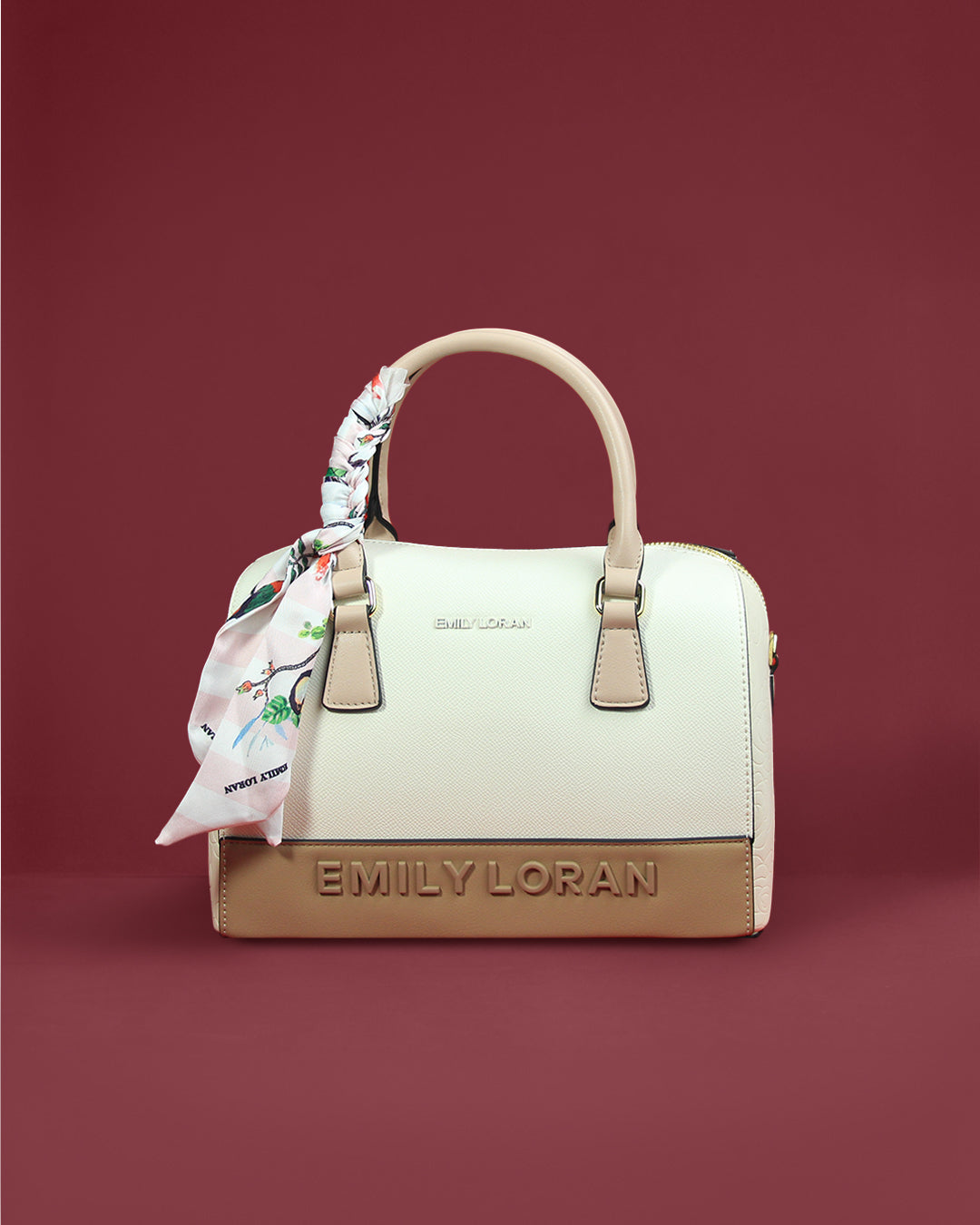 Barrel boston bag with embossed base band and bird-print handle scarf — Emily Loran PH