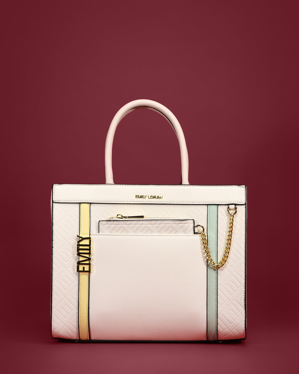 Ombré shopper tote with diamond-quilted side panels and chained card pouch — Emily Loran PH