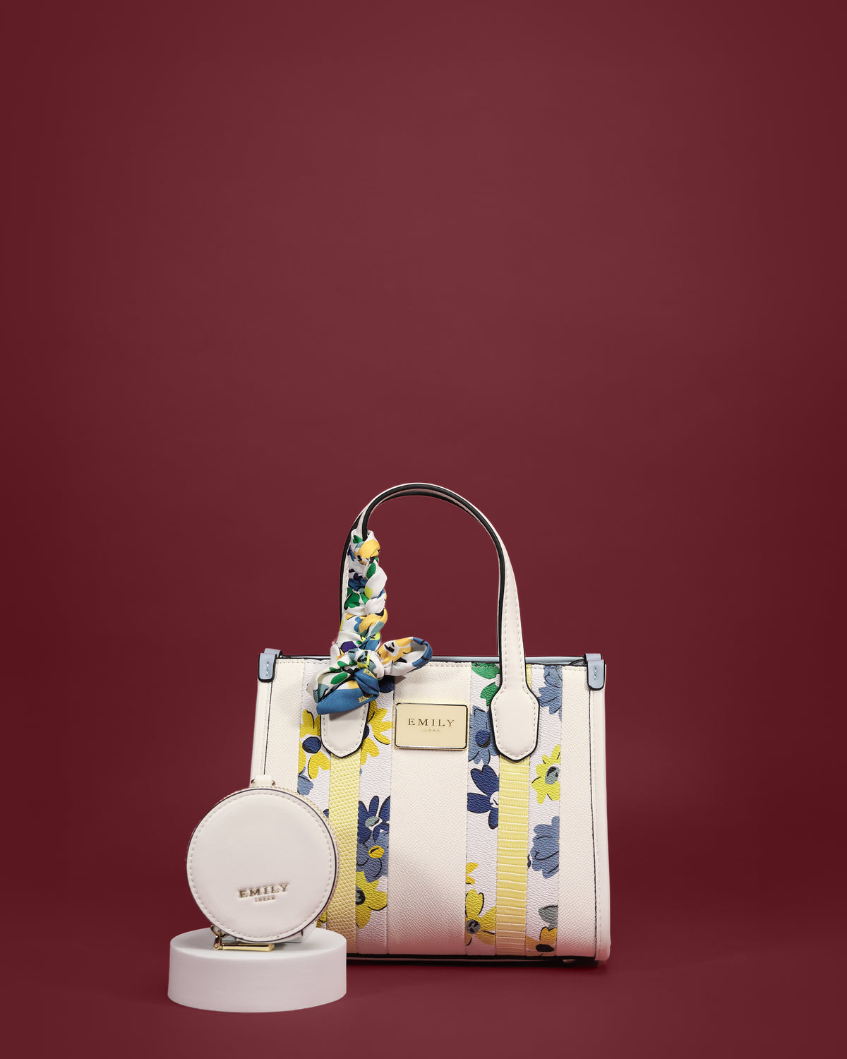 Small boxy tote with floral stripes and scrunchie bow handle — Emily Loran PH