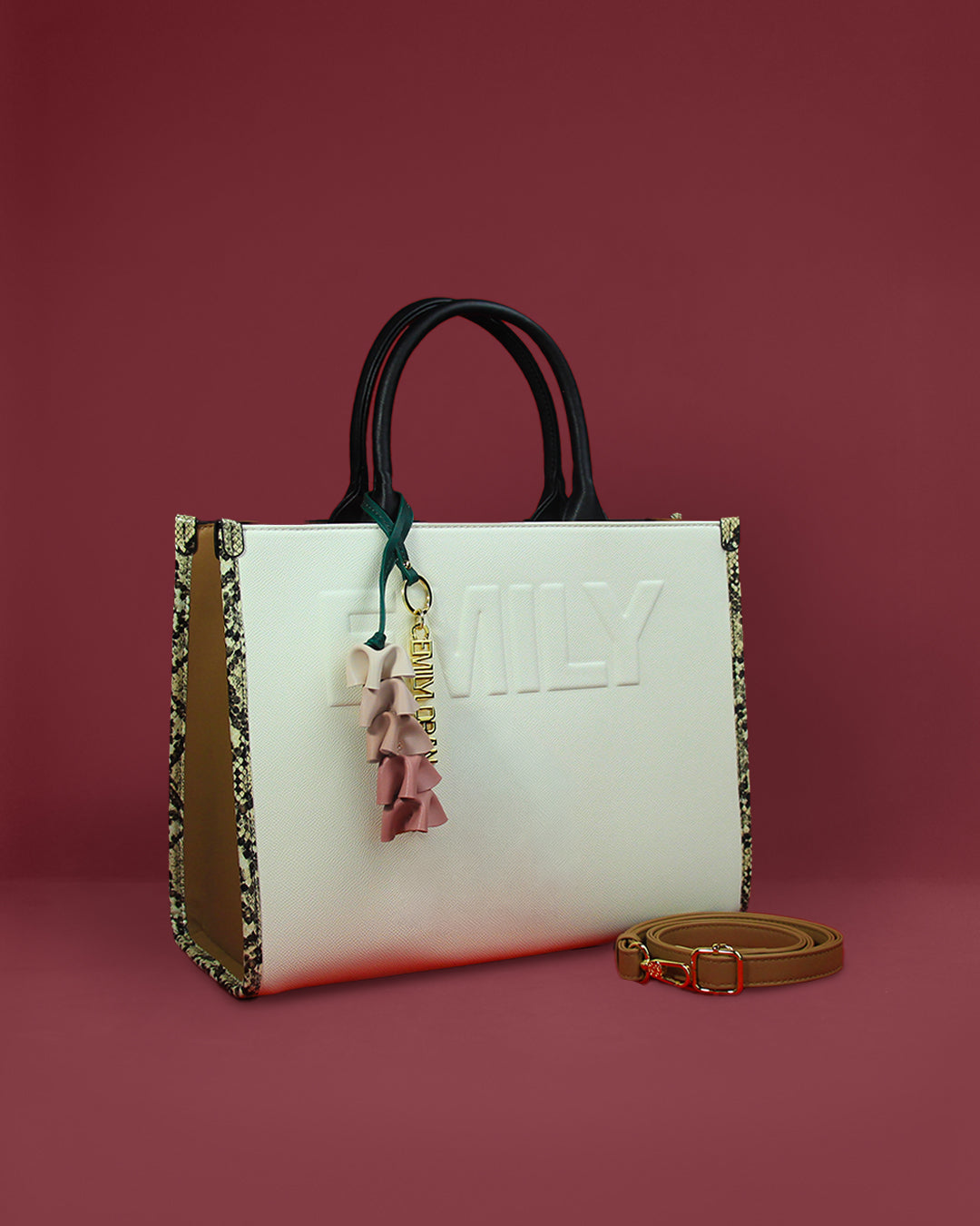Large shopper tote with snake-print side gussets and flower charm — Emily Loran PH