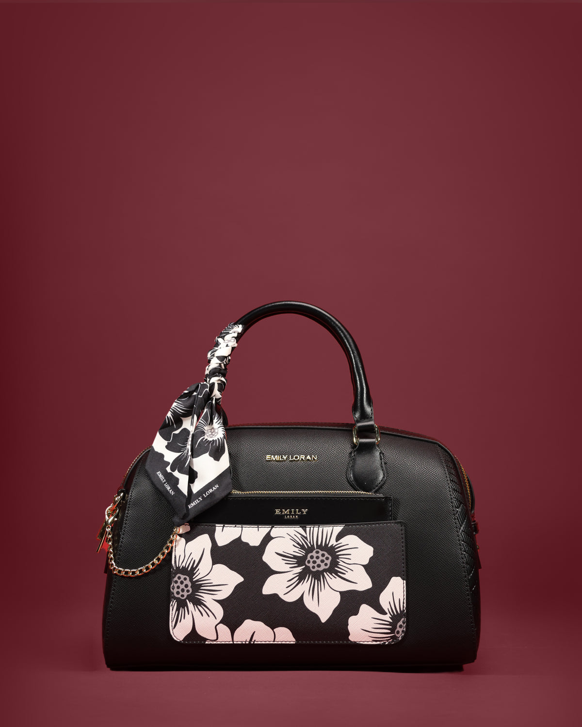 Rounded Boston barrel bag with anemone-print scarf and matching pouch — Emily Loran PH