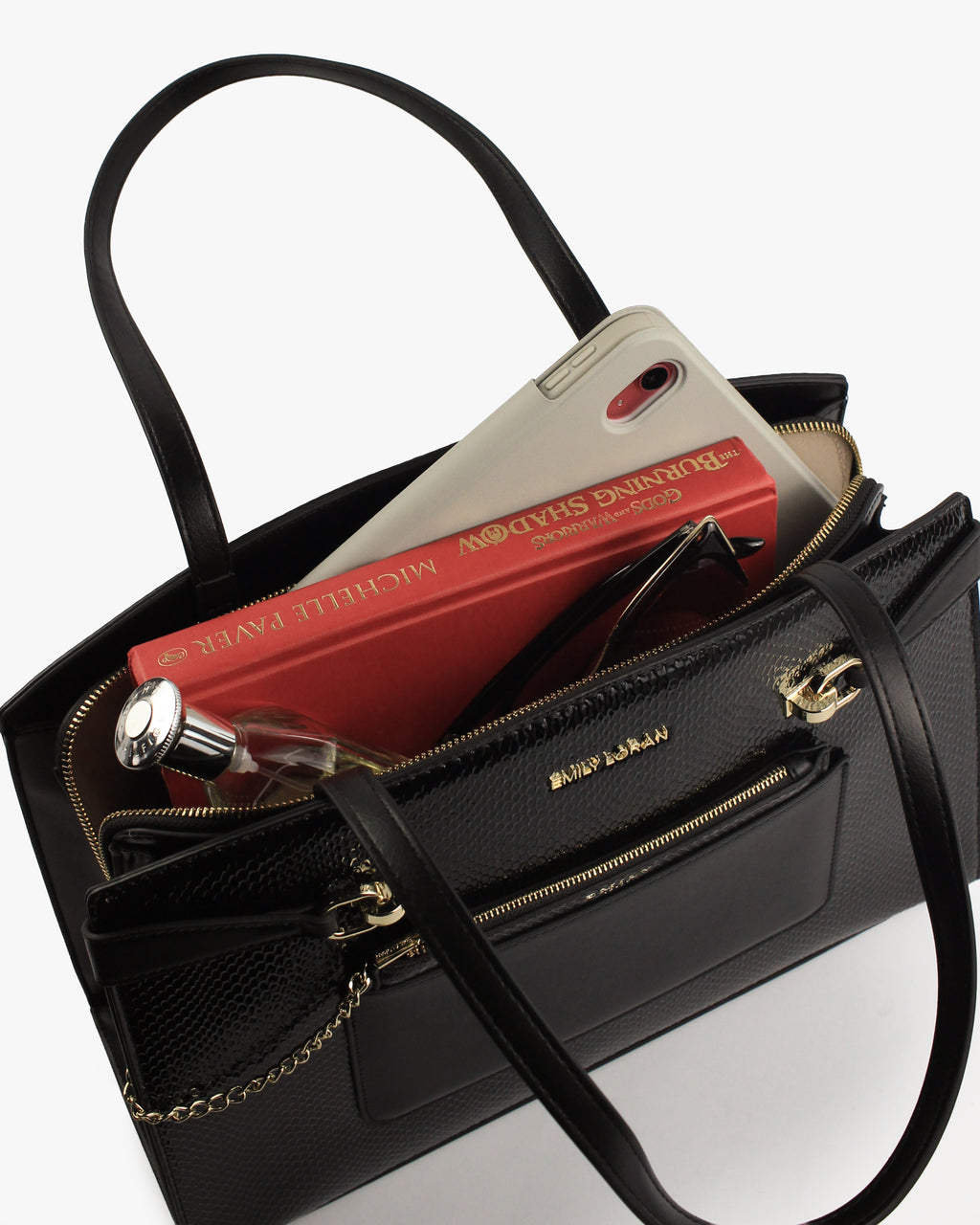 Isolde Tote — Belted Snake-Emboss Tote — Black colorway, catalogue image 5