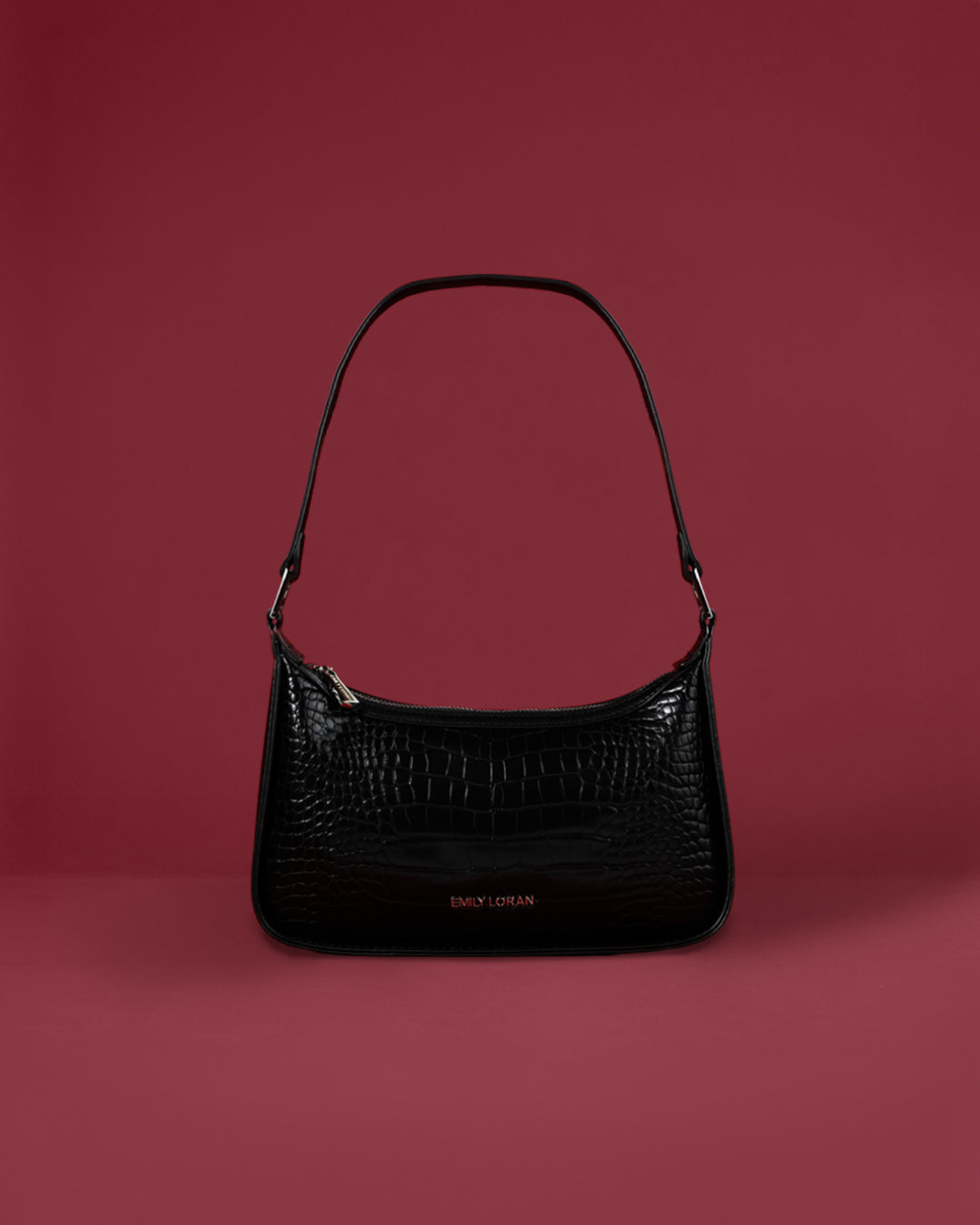 Slim croc-embossed baguette shoulder bag with glossy finish — Emily Loran PH
