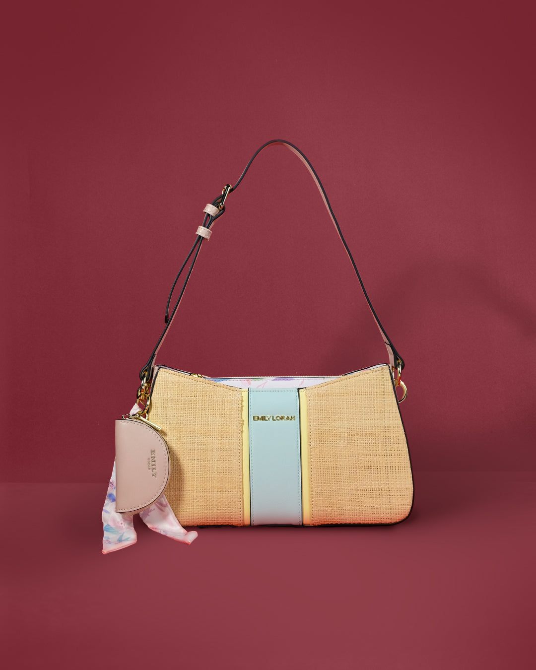 Woven straw-look baguette shoulder bag with contrast panels, coin purse, and printed scarf — Emily Loran PH