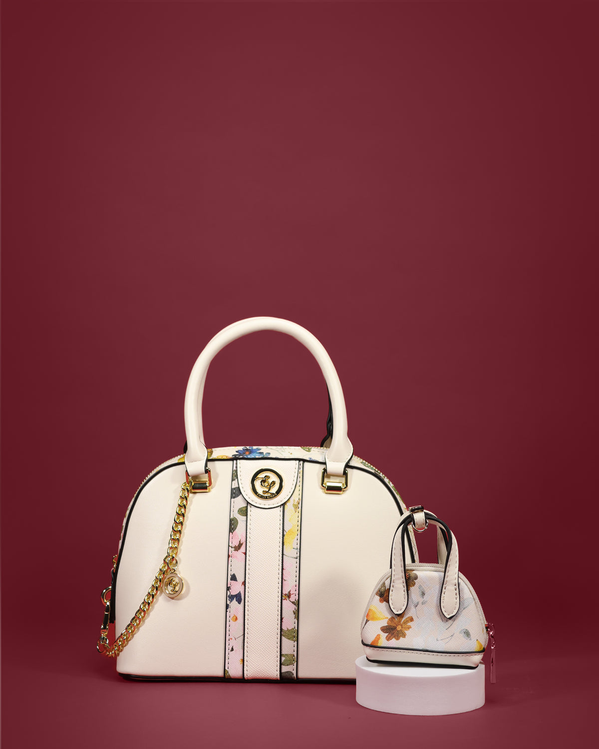Dome satchel with floral center stripe and mini dome bag charm — Emily Loran PH