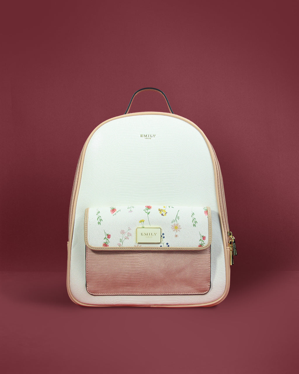 Saffiano-look laptop backpack with botanical flap pocket and piped edges — Emily Loran PH