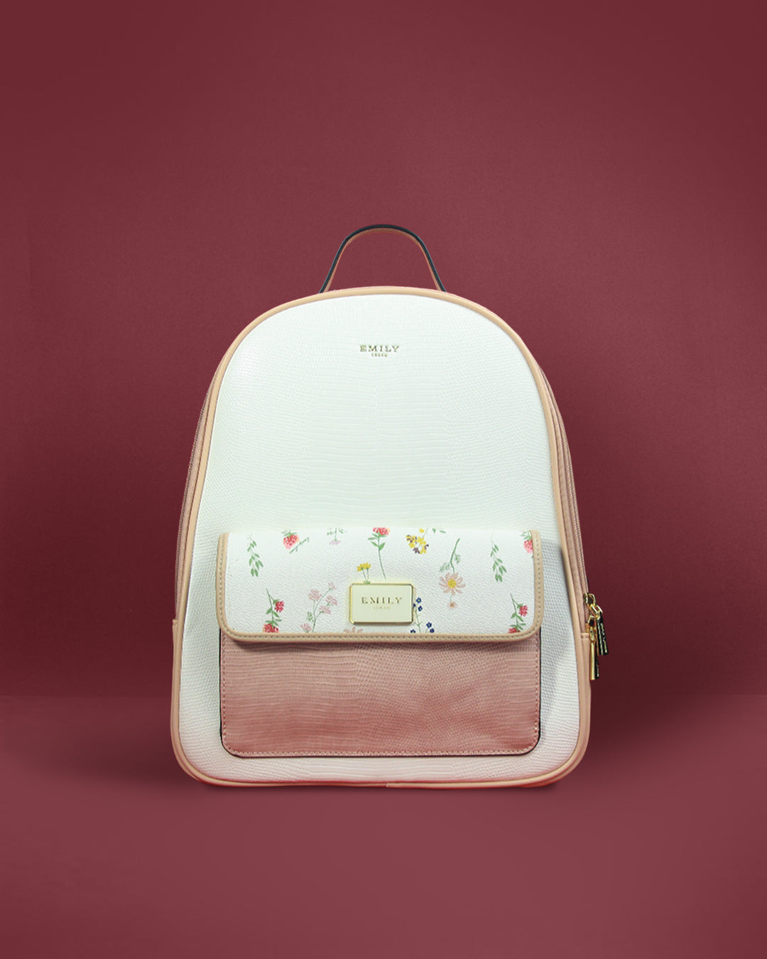 Saffiano-look laptop backpack with botanical flap pocket and piped edges — Emily Loran PH