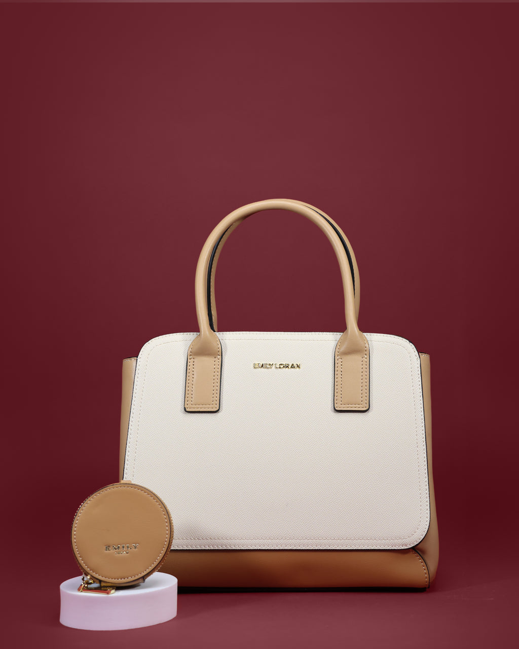 Two-tone structured satchel with tall rolled handles and coin purse — Emily Loran PH