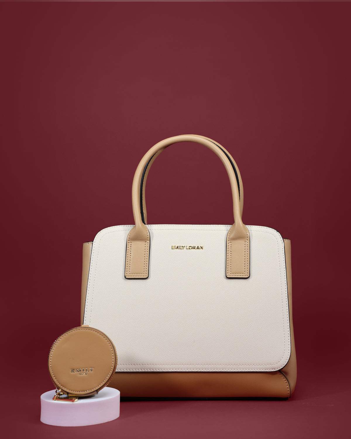 Two-tone structured satchel with tall rolled handles and coin purse — Emily Loran PH