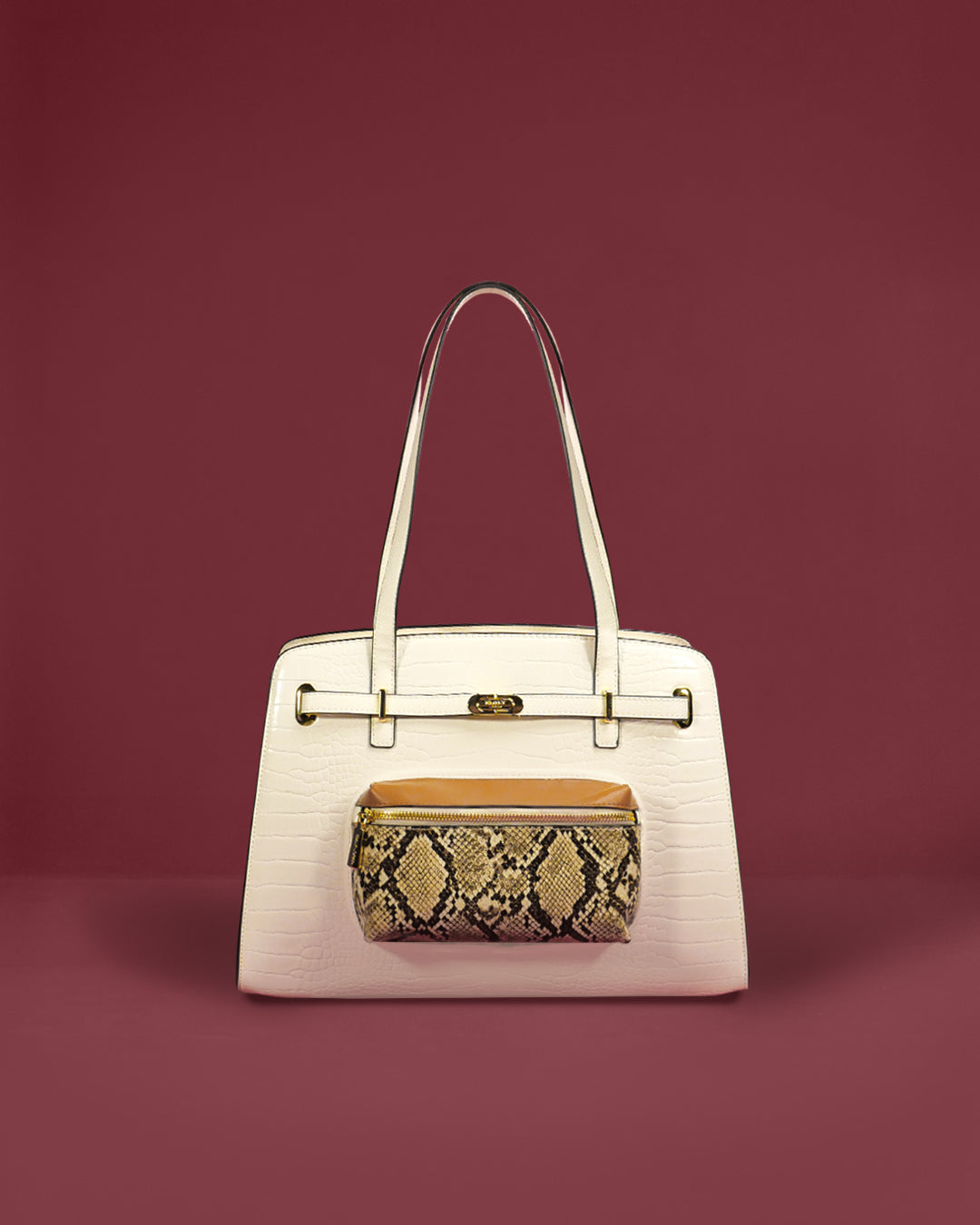 Croc-embossed trapeze tote with belt strap, gold oval buckle, and snake-print front pouch — Emily Loran PH