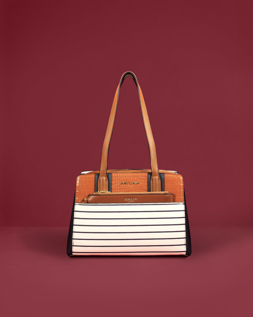 Structured shoulder bag with croc-emboss trim and front zip pocket — Emily Loran PH