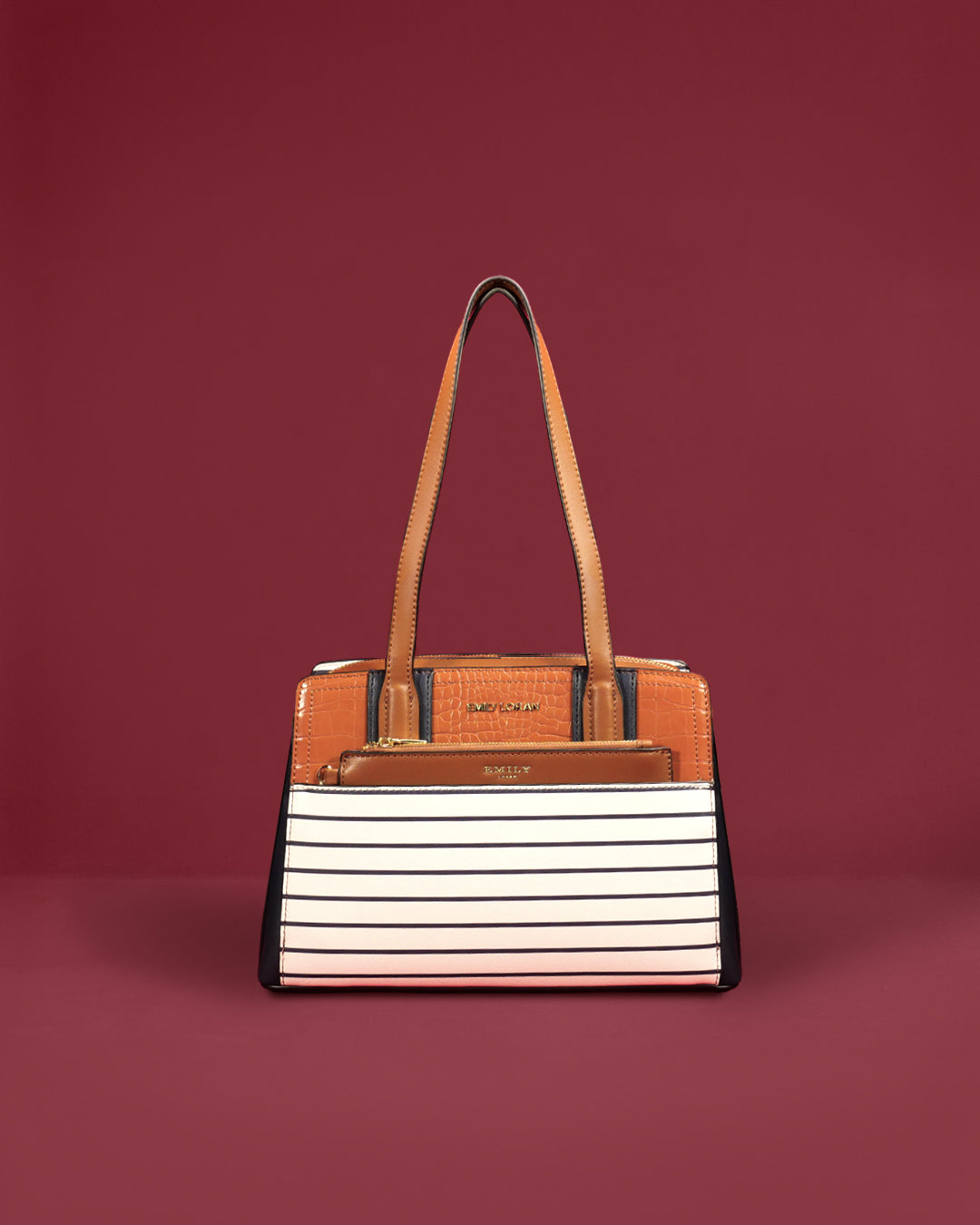 Structured shoulder bag with croc-emboss trim and front zip pocket — Emily Loran PH